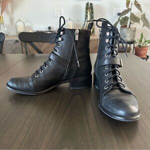 Via Spiga Black Leather Lace-Up Boots with Zippers 8